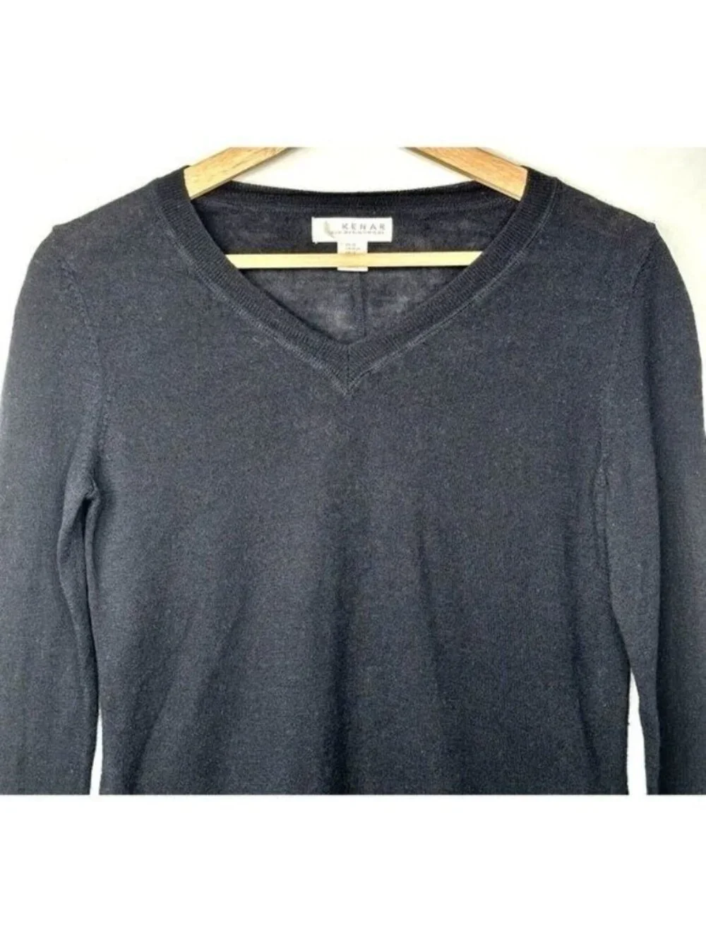 Kenar 100% Merino Wool Sweater Womens M Black V Neck Lightweight Knit Pullover